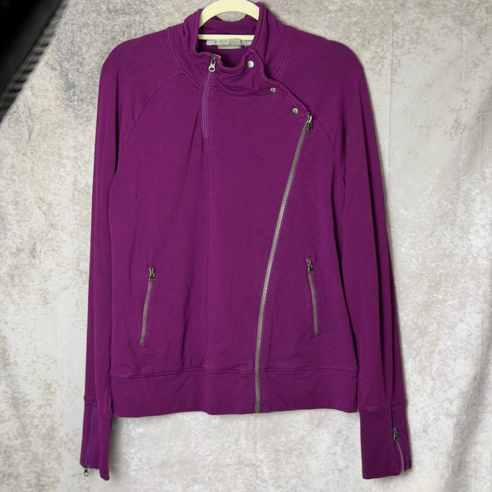 Athleta Womens Large Plum Purple Asymmetrical Zip Moto Jacket Stretch Knit